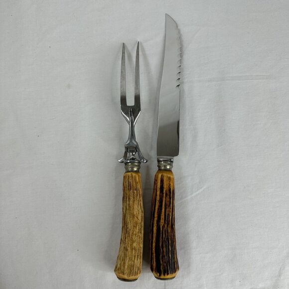 Solingen Germany Stainless Stag Antler Handle Etched Carving Knife Serving Fork - Picture 7 of 12